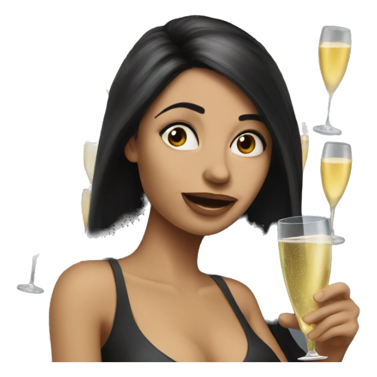 Hyperrealistic Funny woman with black long hair drinks champagne sticker