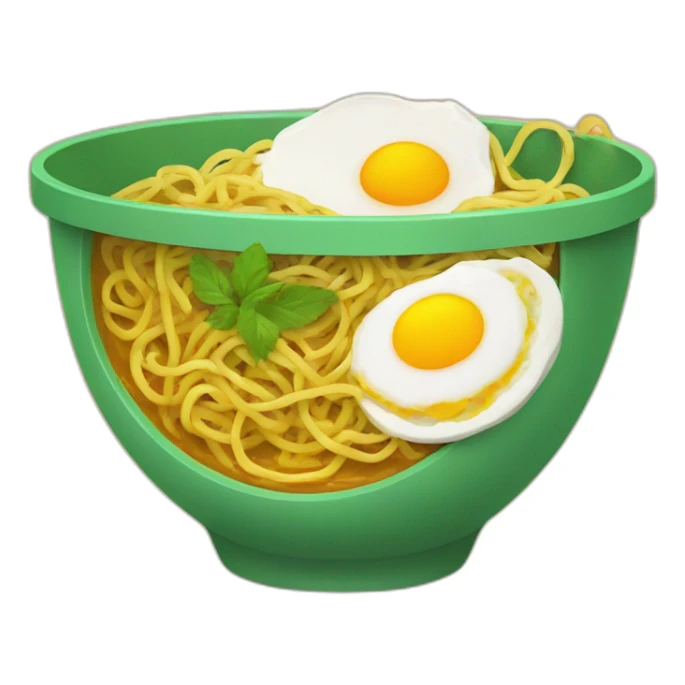 a green bowl of curry noodle with egg sticker