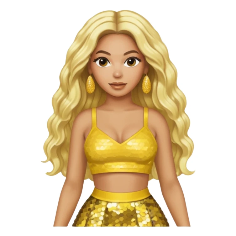 Beyonce with long platinum blonde hair, yellow sequin crop top yellow sequin skirt, gold earring sticker