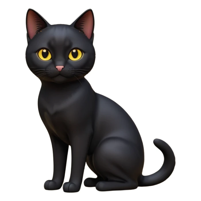 A 3D cartoon jet-black Bombay cat with glossy fur, bright golden eyes, dramatic contrast lighting, Memoji-style cinematic look. full body. sticker