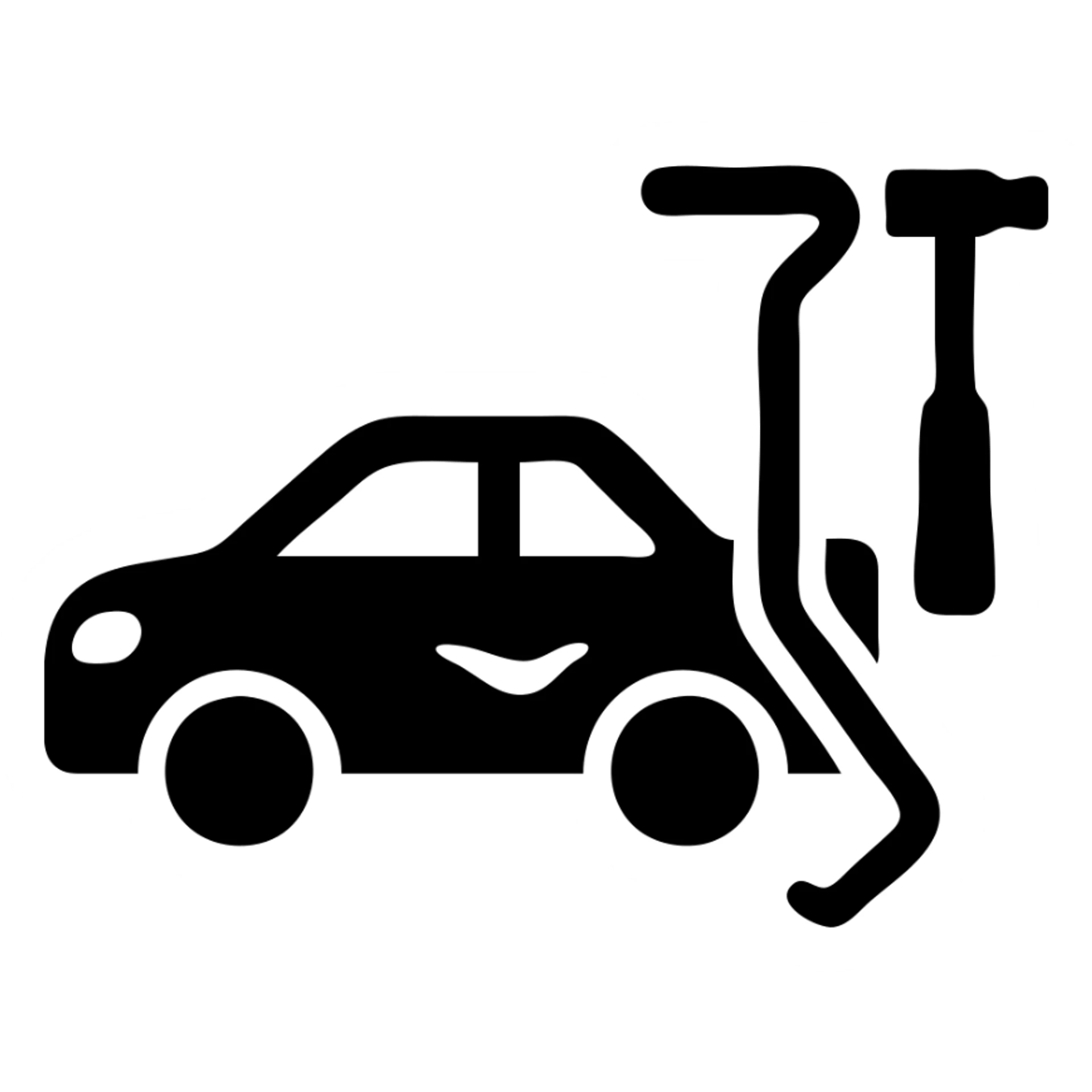 solid filled icon of a car with a visible dent and dent repair tools like a lever and small hammer for Paintless Dent Repair (PDR) sticker