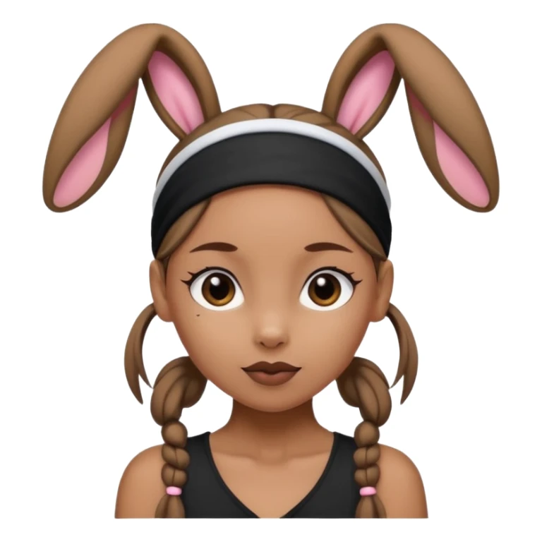 "A tan-skinned person with a high brown ponytail wearing a headband with black bunny ears. The character is dressed in a stylish black outfit. The emoji style should be cute, expressive, and modern — simple but detailed enough to show the ponytail, bunny ears, and outfit clearly." sticker