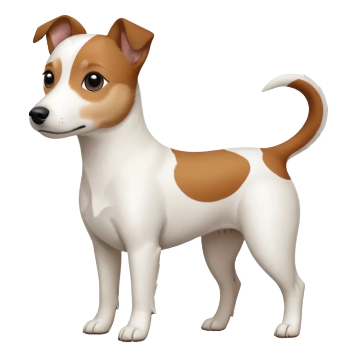 a fully white jack russell the size of a kelpie with a half white face sticker