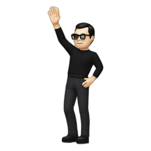 small photo realistic left arm waving Ralf Hutter from Kraftwerk, short straight black hair, Dark Brown eyes, black glasses, thin, black shirt, right side view sticker