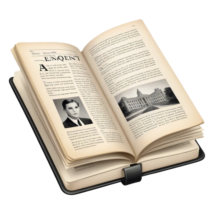 Icon for Non-Fiction & Narrative Reading: an open book with historical facts and narrative text on the pages, featuring black-and-white photos, news clippings, and an open folder with top-secret documents. Transparent background. sticker
