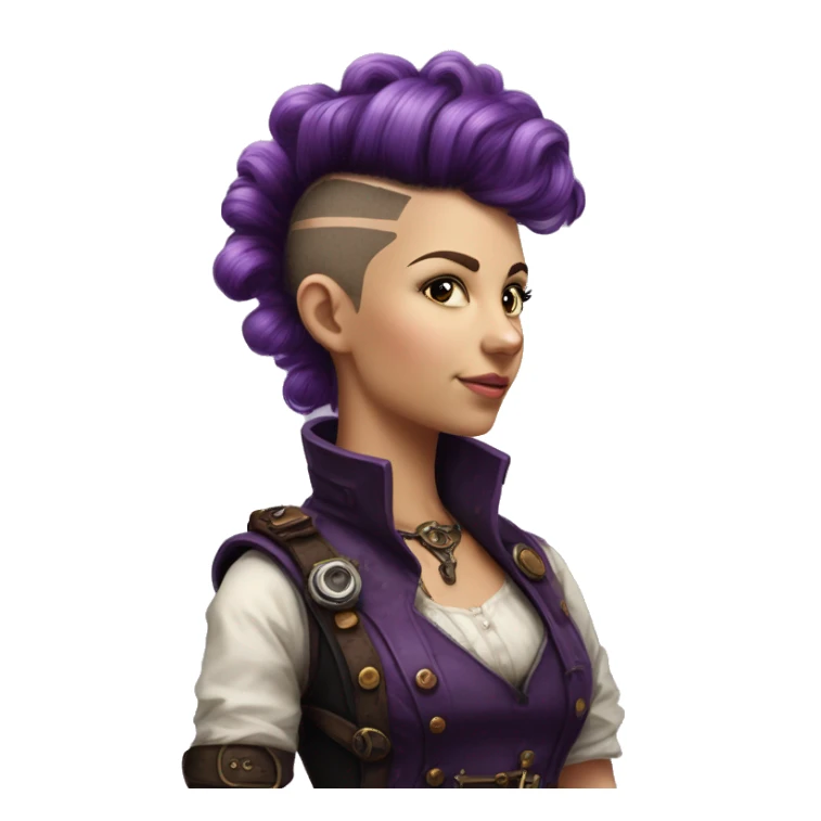 Photorealistic steampunk profile short mohawk purple  curl on Caucasian girl with small nose sticker