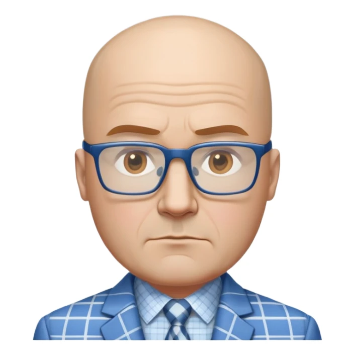 Larger 50-year-old man with wide square face. Male pattern baldness with hair only on top/crown of head, completely bald sides. Large dark square glasses. Serious expression. Light gray blazer, white shirt with blue checkered pattern. sticker