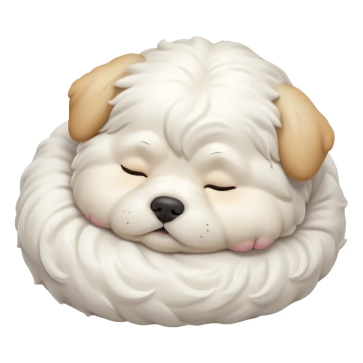 Cinematic Chubby Sleeping Wavy-Haired Maltese dog Portrait Emoji, Chubby and serene, with a round, adorable build and a soft, wavy-haired white coat, eyes gently closed in peaceful slumber, Simplified yet irresistibly endearing features, highly detailed, glowing with a gentle, dreamy glow, high shine, relaxed and content, stylized with a touch of whimsy, bright and heartwarming, soft glowing outline, capturing the essence of a blissfully sleepy companion, so comically serene it feels like it could roll out of the screen and snore with adorable charm! sticker