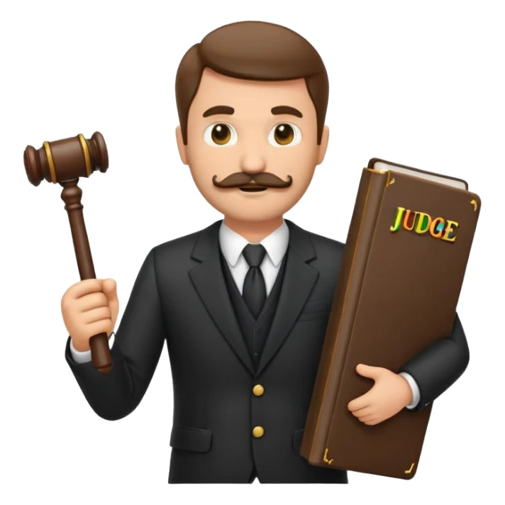 “Create a clean, modern emoji-style illustration of a male lawyer. He is wearing a formal suit jacket. He is holding a judge’s gavel in one hand and has a law book tucked under his arm. He has a mustache and a short beard, and sticker