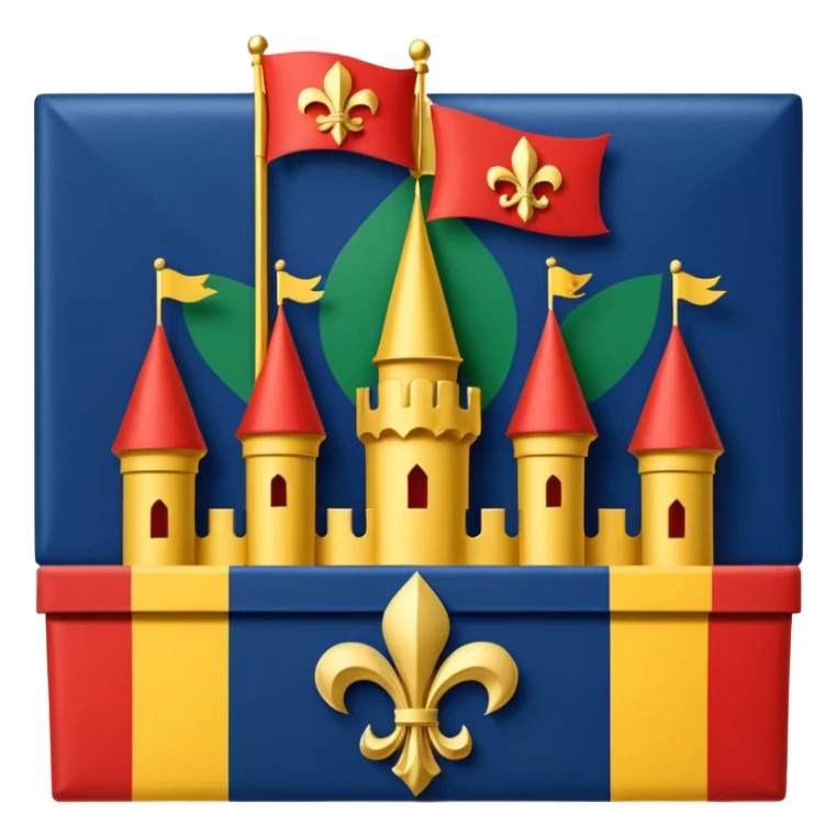  flag with 4 boxes: box1:gold fleur-de-lis on deep blue/black; box2:green, yellow, red stripes in upper right and lower left (box3) with green star in upper right; box4:yellow castle on red in lower right. Flat vector, clean, high contrast, clear at small size. sticker