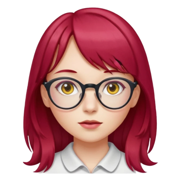 Menina com cabelos longos vermelho Cherry, liso com franja,olho direito ROSA e olho esquerdo amarelo,pele clara e com oculos  sticker