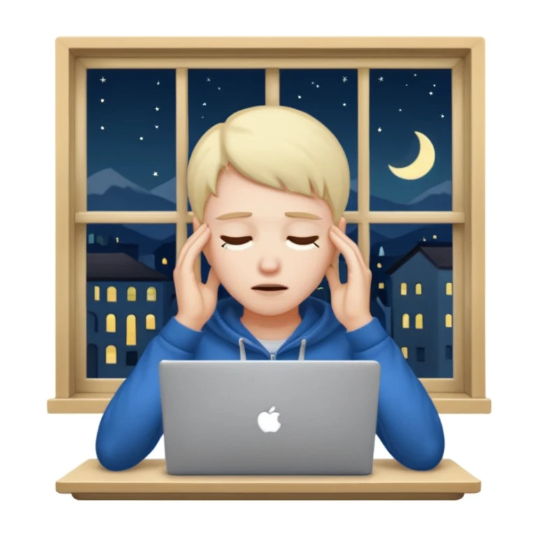 tired student with laptop, window at night behind, rubbing temples sticker
