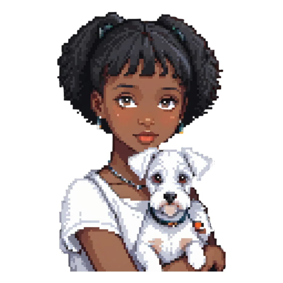 Black girl with short bangs holding a white schnauzer dog sticker