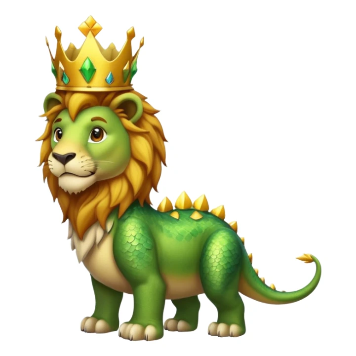 A lion wearing a golden crown standing next to a friendly dinosaur sticker