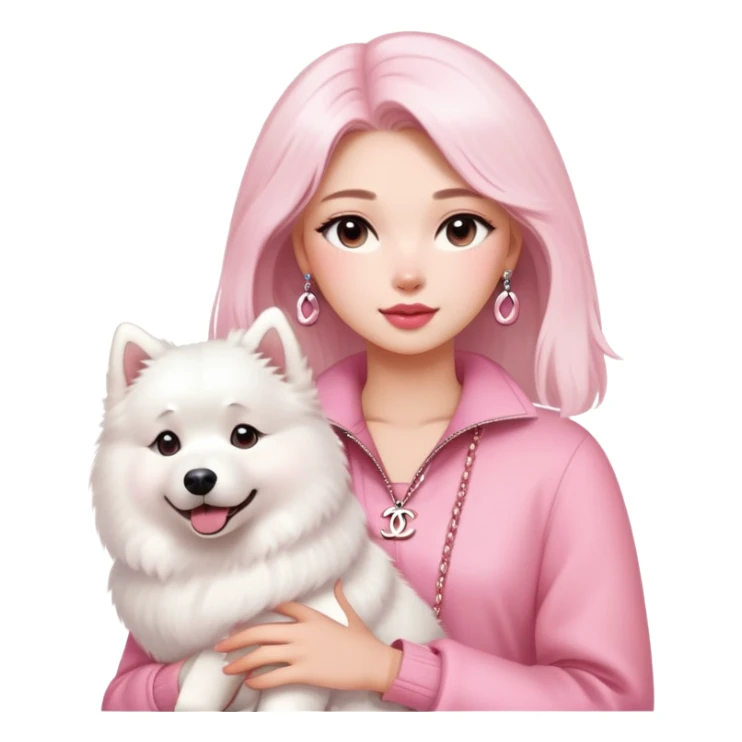 girl in pink Chanel-style outfit with white Samoyed dog sticker