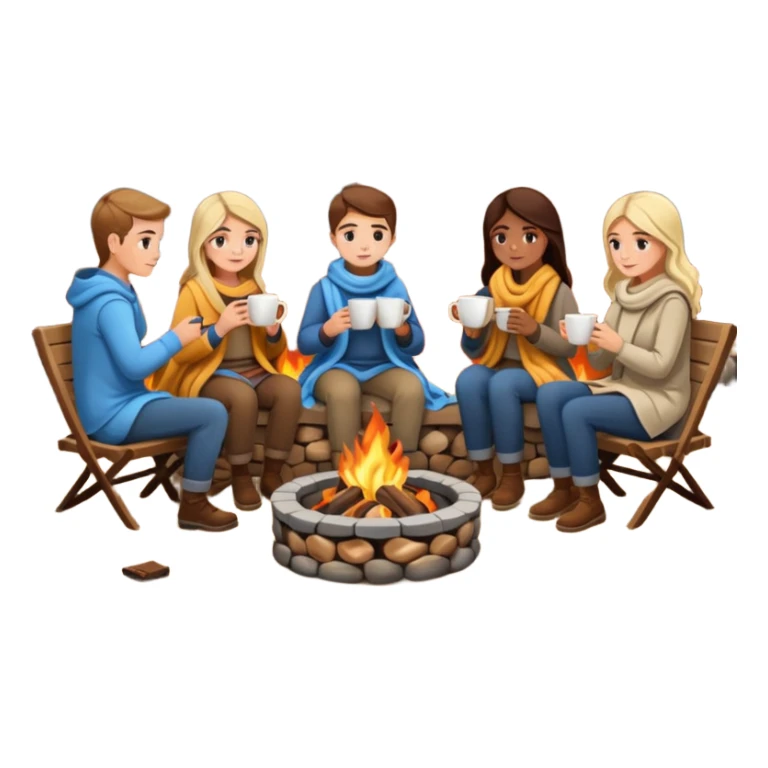 People drinking coffee around a fire pit with blankets  sticker