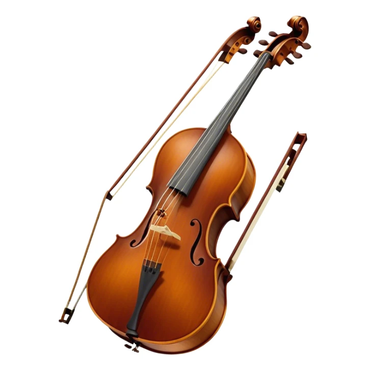 Create a refined and detailed emoji representing a Cremona cello with a bow. The design should feature the smooth, polished wooden body of the cello with a deep, rich tone color. The strings and tuning pegs should be visible, emphasizing the instrument's fine craftsmanship. Add a delicate bow placed gently across the strings, with intricate detailing on the hair and frog. Include subtle musical notes around the cello to evoke the graceful, classical sound. Use warm wood tones and accents like gold and silver for a professional, elegant look. The background should be transparent. sticker