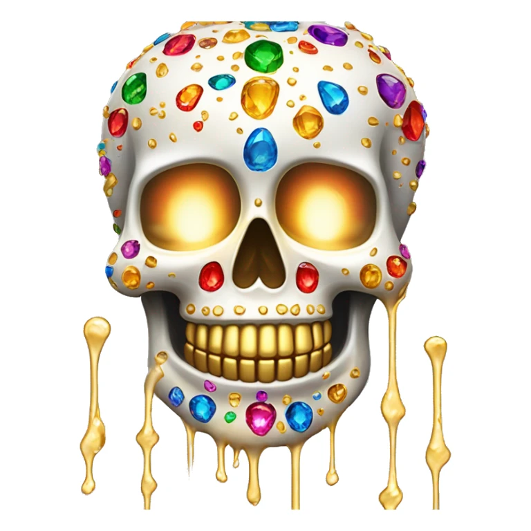 Realistic white sugar skull decorated with colorful rhinestones with a metallic gold candle on top of its head dripping down melted metallic gold wax down the skull sticker