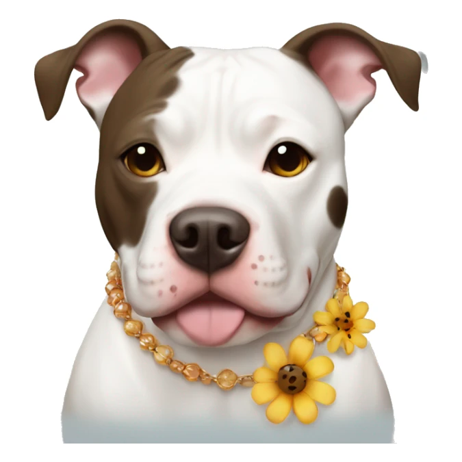 White pit bull with big brown spots and a flower necklace sticker