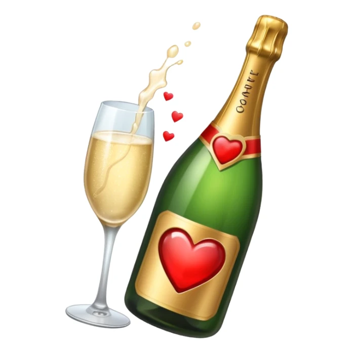 Draw a champagne bottle with a heart label using an isometric camera with a High-Angle Shot. sticker