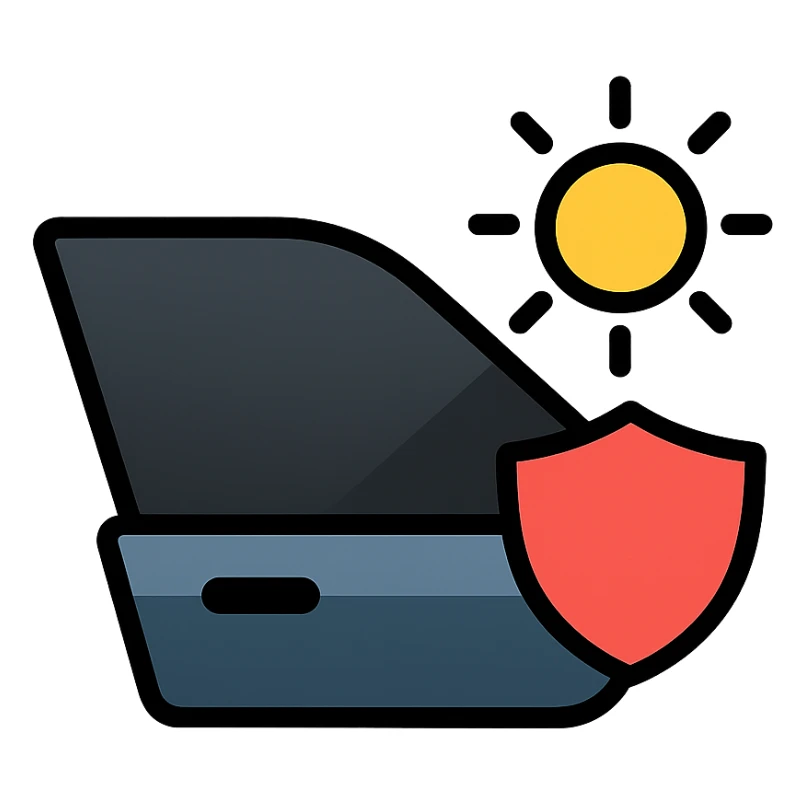 luxury car side window icon with dark black to gray gradient, small shield or sunbeam being blocked, subtle shading, modern and clean style, no text sticker