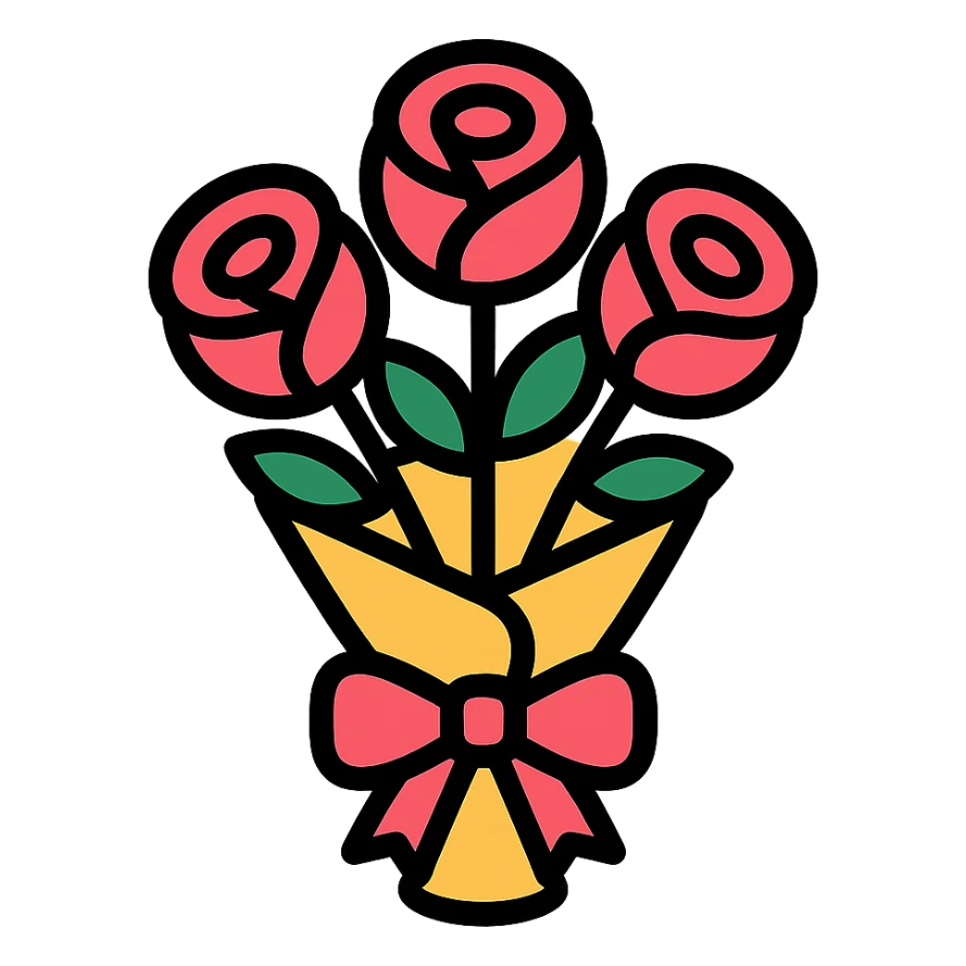 minimalist bouquet of roses with pink-reddish ribbon sticker