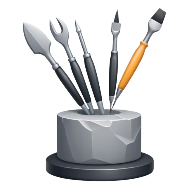 Icon for sculpting, with sculpting tools, sculpture in progress on a textured surface, minimalistic style, clean lines, transparent background. sticker