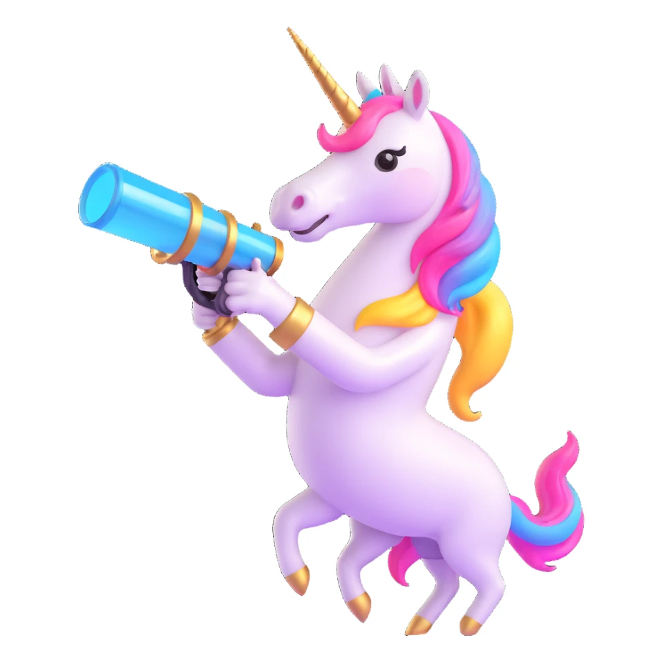 neon pink unicorn with a glass cannon, 3D style, shiny, magical sticker