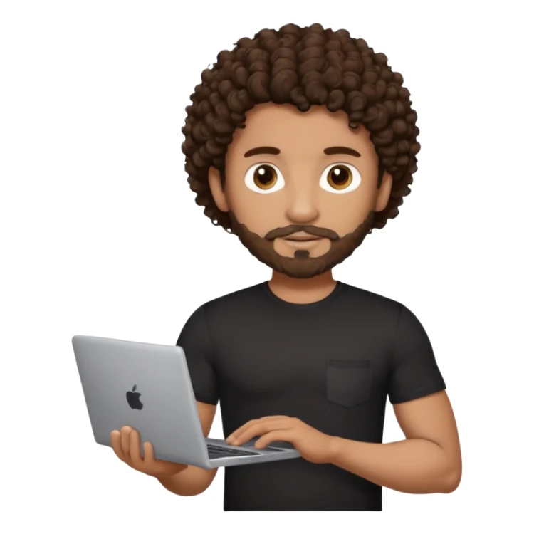 men holding his computer in hands. light brown skin men with curly dark brown hair, brown eyes, little grown beard. ust a tiny bit muscular. dressed casual. round face. sticker