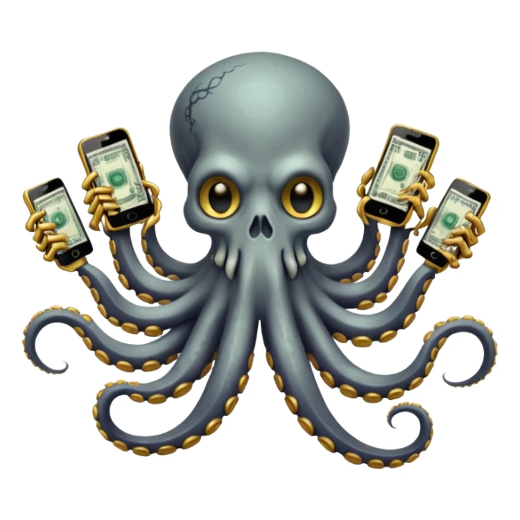 Intimidating octopus skeleton. Evil looking eyes, wearing a gold necklace. 2 tentacles are holding their own cellphones with one held up to its ear, 2 other tentacles are holding stacks of money sticker