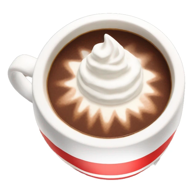 Cup of hot coco in a red and white diagonal striped mug with whipped cream on top sticker