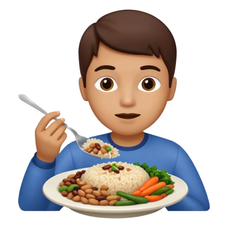 Create a person having lunch. Not a sandwich. Rice, beans, vegetables and chicken. sticker