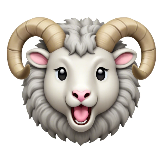 Cinematic Cute Yawning Ram Portrait Emoji, Head tilted slightly with a dramatic, wide-open yawn, showcasing a soft, woolly grey fur with gently drooping horns and ears, round dark eyes barely open in drowsy contentment, Simplified yet irresistibly adorable features, highly detailed, glowing with a soft, cozy glow, high shine, relaxed yet expressive, stylized with a touch of rugged whimsy, bright and endearing, soft glowing outline, capturing the essence of a sleepy yet affectionate ram, so drowsy it feels like it could stretch out of the screen and curl up for a nap! sticker