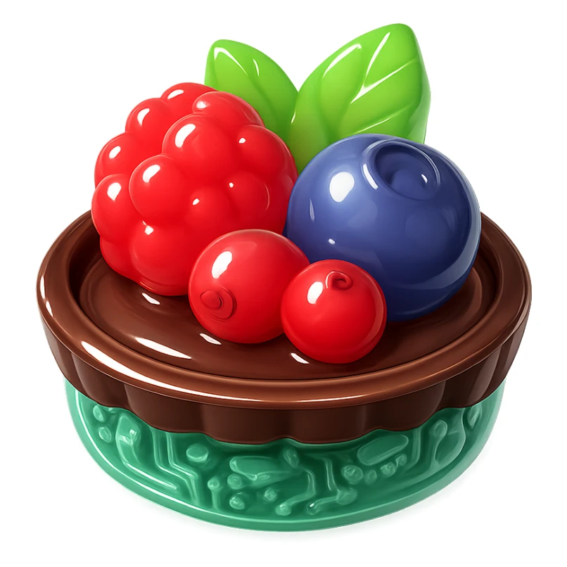 3D glossy fruit tart with chocolate crust, filled with chocolate ganache, topped with mixed berries and mint leaves, shiny highlights sticker