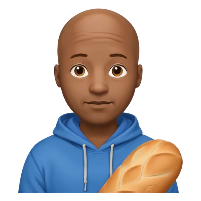 Bald black guy 40 years old with blue hoodie and and bread emoji sticker