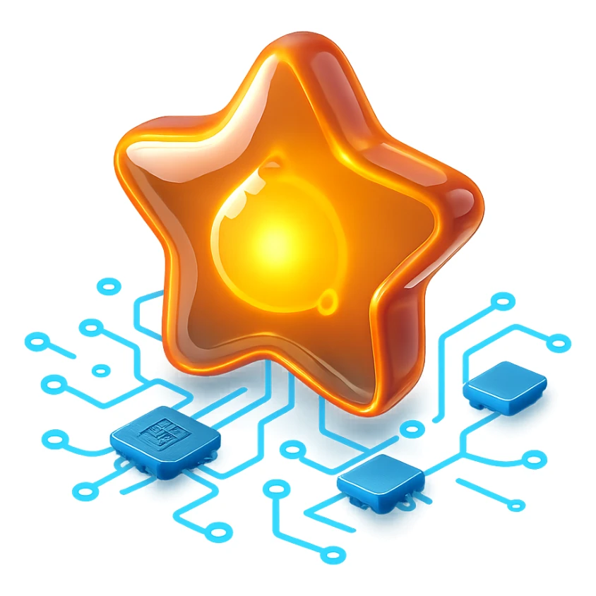 star with central glowing core, surrounded by abstract lines and nodes, representing artificial intelligence connectivity sticker