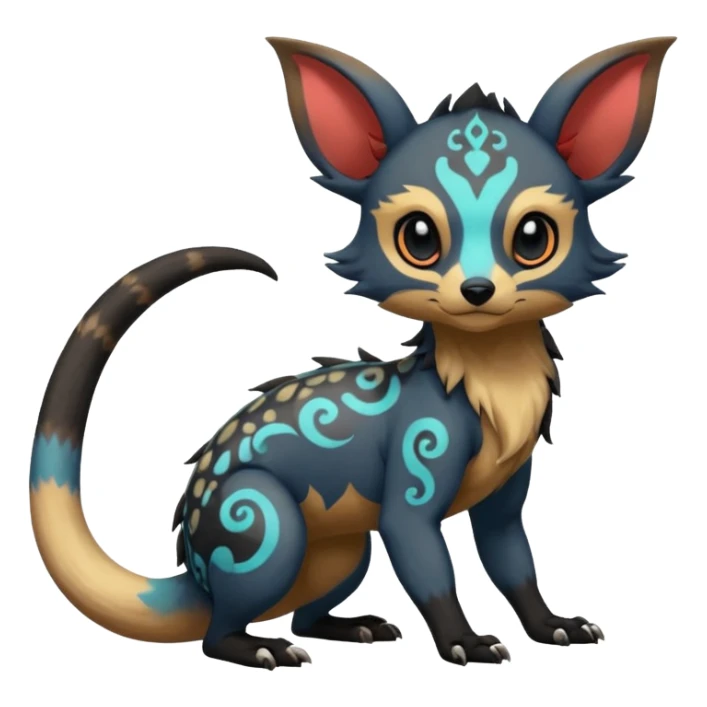 Rare warm-colored exotic cute epic aesthetic gothic colorful Salandit-Eevee-Civet-species-Fakemon-hybrid-creature, with intricate tattoo markings, full body sticker
