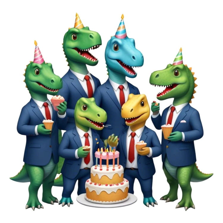 office dinosaurs in suits eating birthday cake sticker