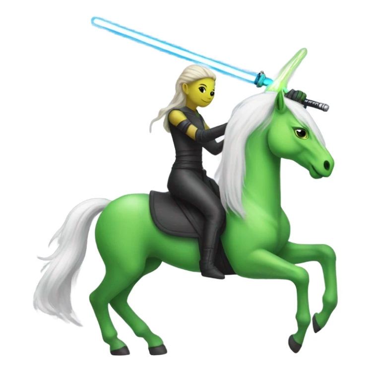 a unicorn with a green alien woman on it holding a lightsaber sticker