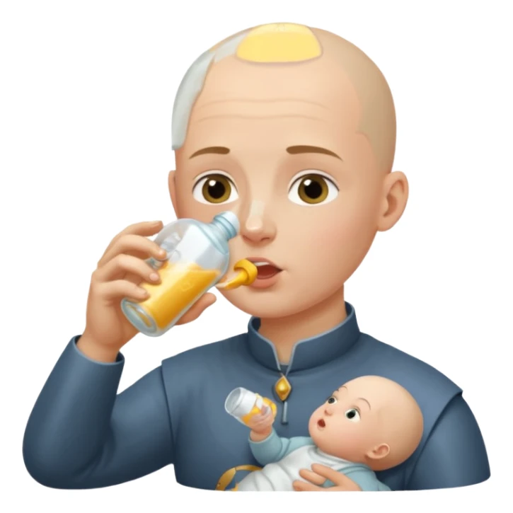 Un homme avec une calvitie cheveux ras boit un biberon  avec Jeanne d’arc dans le biberon  sticker