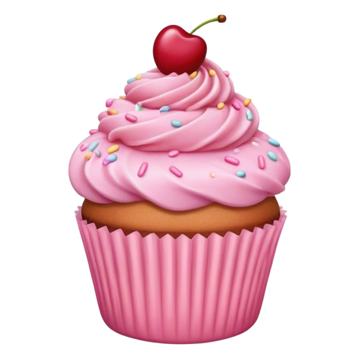 pastel pink cupcake with pink sprinkles and a cherry sticker