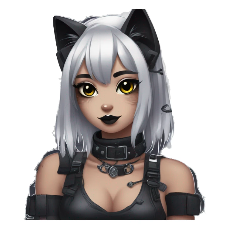Gorgeous gothic dark techwear cyberpunk anime style sona anthro cat with blushing face aesthetic and pretty edgy black with collar and harness trending style sticker
