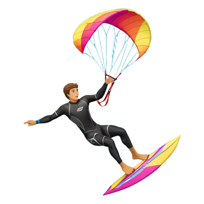 A professional kite surfer performing a high-flying trick on the waves, with a colorful kite soaring above. The background features a stunning landscape of rolling ocean waves, a bright sky, and distant mountains, emphasizing the skill and freedom of the sport. sticker