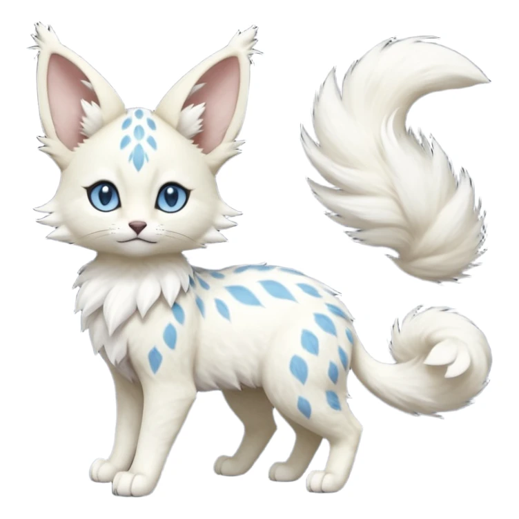 Albino-white, blue-eyed soft natural realistic romantic vintage antique divine beautiful elegant pretty precious cute young youthful  Fakémon-Pokémon-feline-Zeraora-Jolteon-serval-caracal-chinchilla-Minccino-Cinccino-Meowstic-rodent-hybrid-creature with a big fluffy bushy tail (full body) sticker