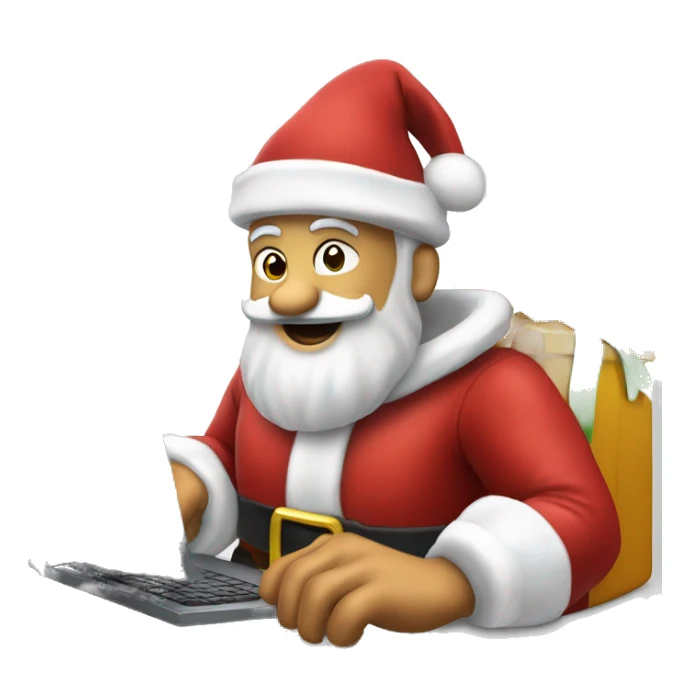 Santa Claus in front of a computer, buying things on Amazon at wrong prices or on sale sticker