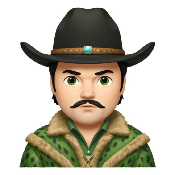 jack black haired cowboy in green fur coat with black hat sticker