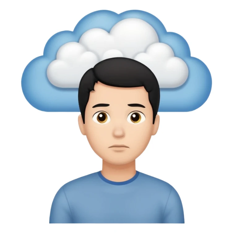 A thinking black hair male person with a white empty thought cloud sticker