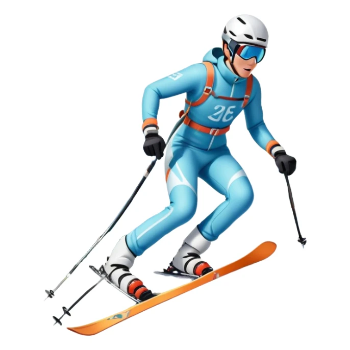 An icon featuring a skier racing down a snow-covered slope, surrounded by snowy peaks and pine trees. The design includes ski poles, bright winter gear, and dynamic motion lines, capturing the thrill and speed of alpine skiing. Transparent background sticker