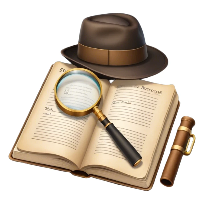 Icon for Detective Reading: an open book with text and a magnifying glass, a detective’s hat and a notebook with clues, surrounded by dark shadows and mysterious elements like footprints and a smoking pipe. Transparent background. sticker