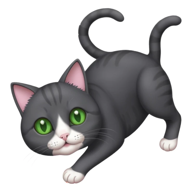 solid dark grey cat with green eyes, white toes/paws playfully rolling upside down sticker